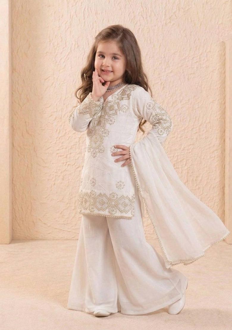 White Sequin Work Georgette Palazzo Set For Girls - Indya