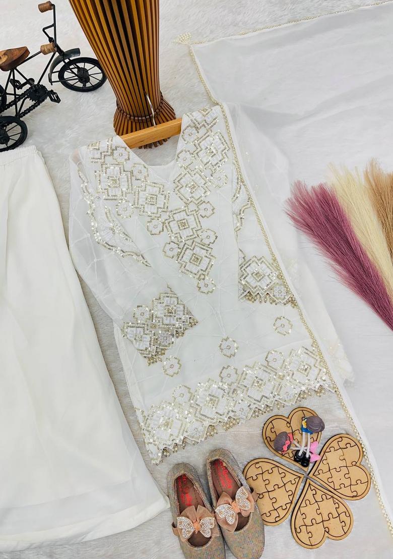 White Sequin Work Georgette Palazzo Set For Girls - Indya
