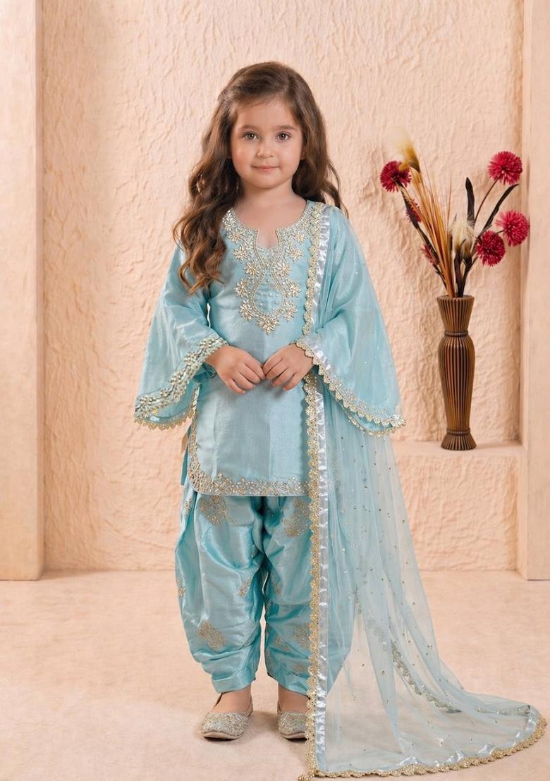 Sky Blue Sequin Work Silk Kurta Set For Girls - Indya