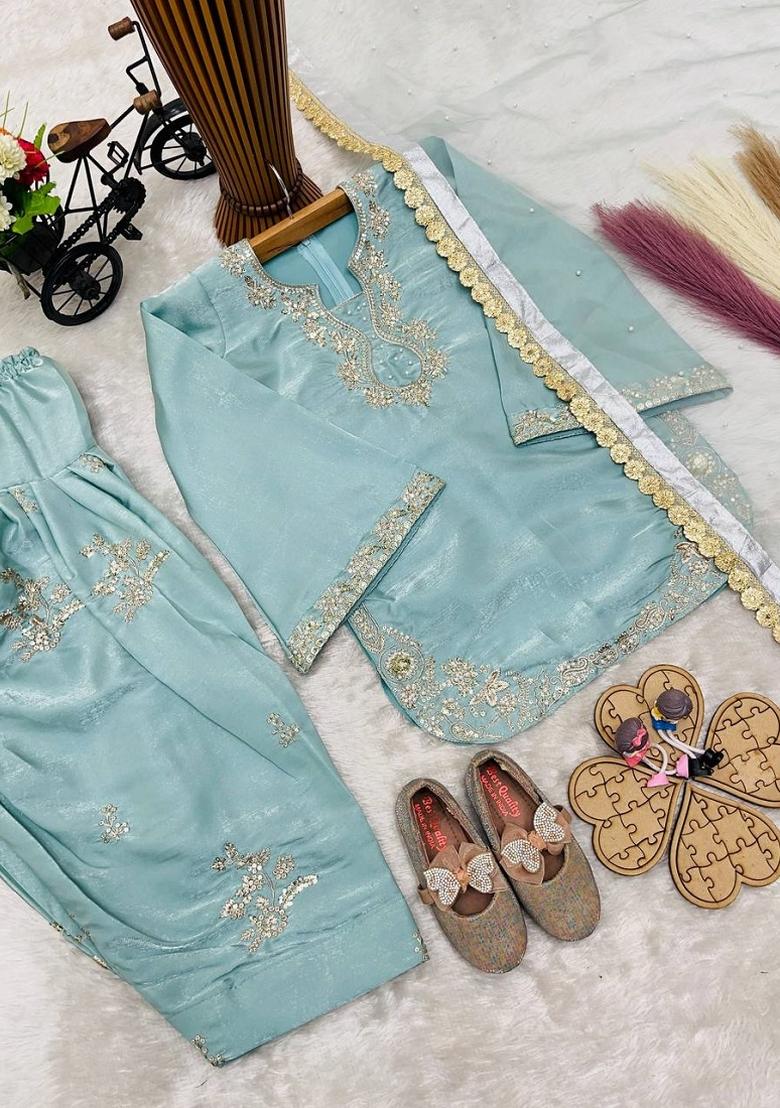 Sky Blue Sequin Work Silk Kurta Set For Girls - Indya