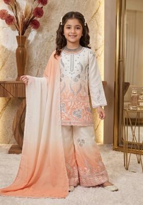 Peach Sequin Work Crepe Palazzo Set For Girls