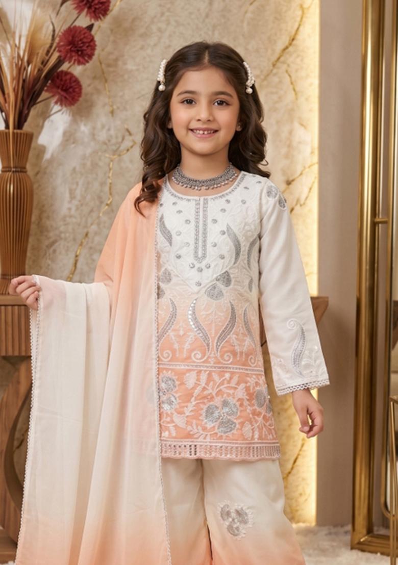 Peach Sequin Work Crepe Palazzo Set For Girls - Indya