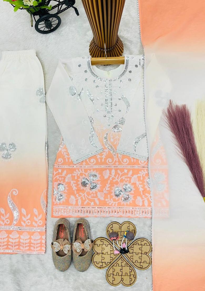 Peach Sequin Work Crepe Palazzo Set For Girls - Indya