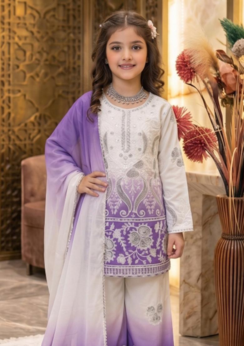 Purple Sequin Work Crepe Palazzo Set For Girls - Indya