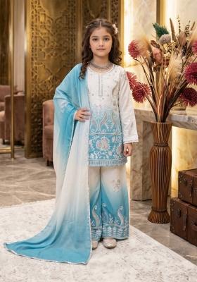 Sky Blue Sequin Work Crepe Palazzo Set For Girls