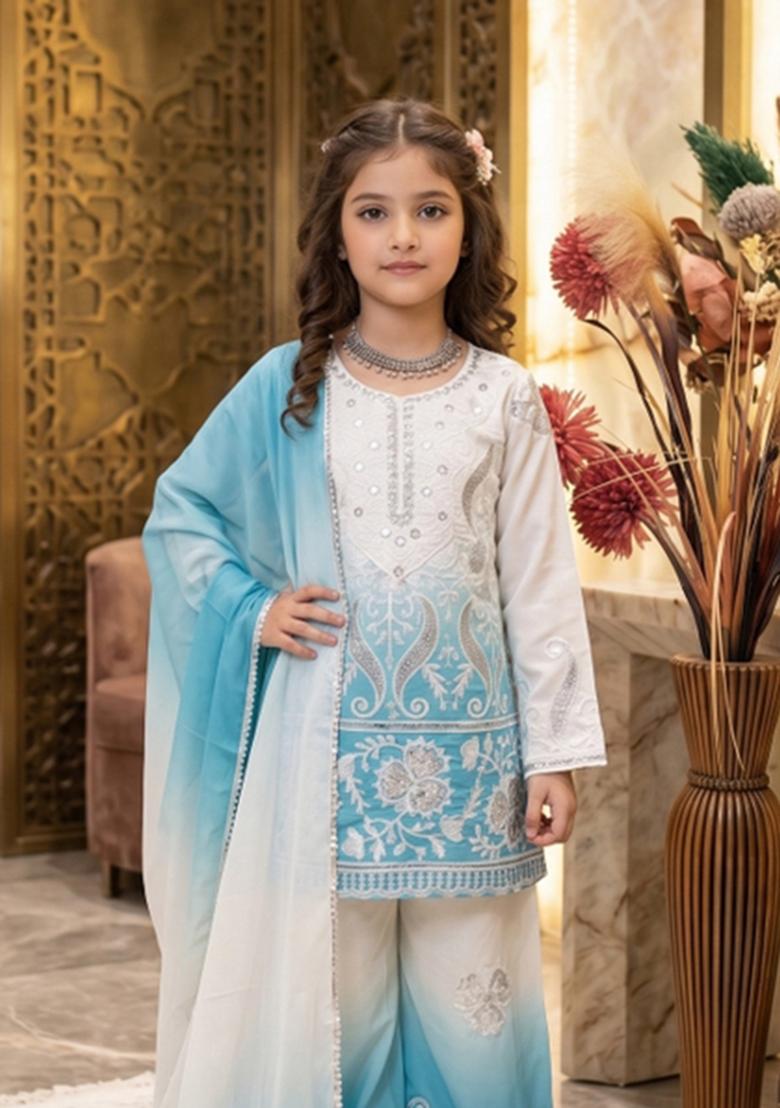 Sky Blue Sequin Work Crepe Palazzo Set For Girls - Indya