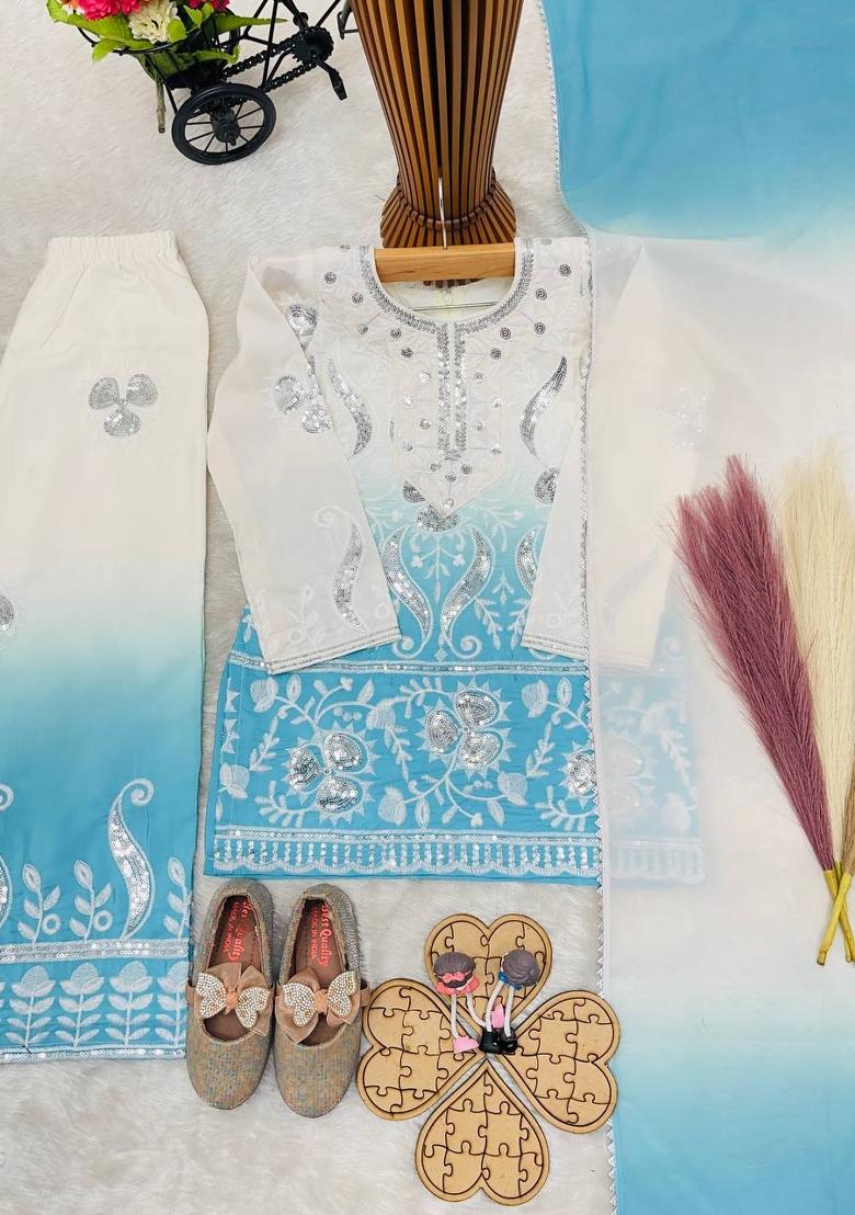 Sky Blue Sequin Work Crepe Palazzo Set For Girls - Indya