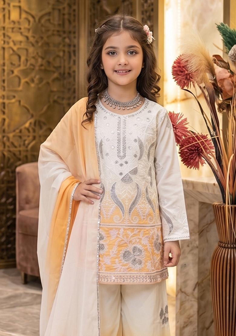 Yellow Sequin Work Crepe Palazzo Set For Girls - Indya