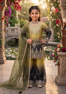 Yellow Sequin Work Silk Palazzo Set For Girls