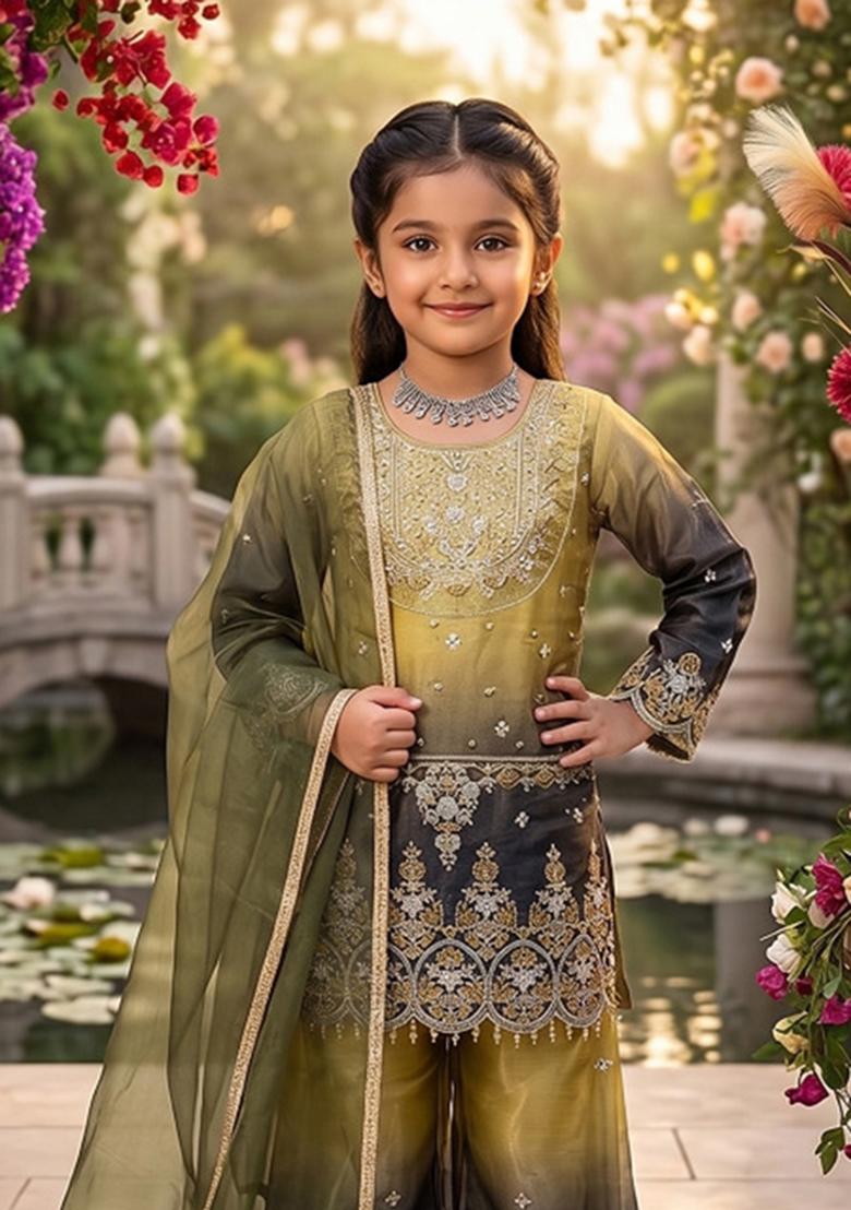 Yellow Sequin Work Silk Palazzo Set For Girls - Indya