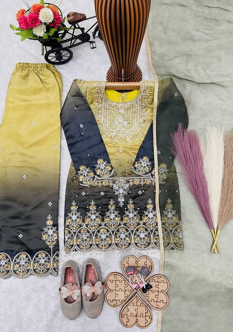 Yellow Sequin Work Silk Palazzo Set For Girls - Indya