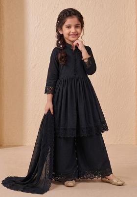 Black Embroidered Silk Palazzo Set For Girls