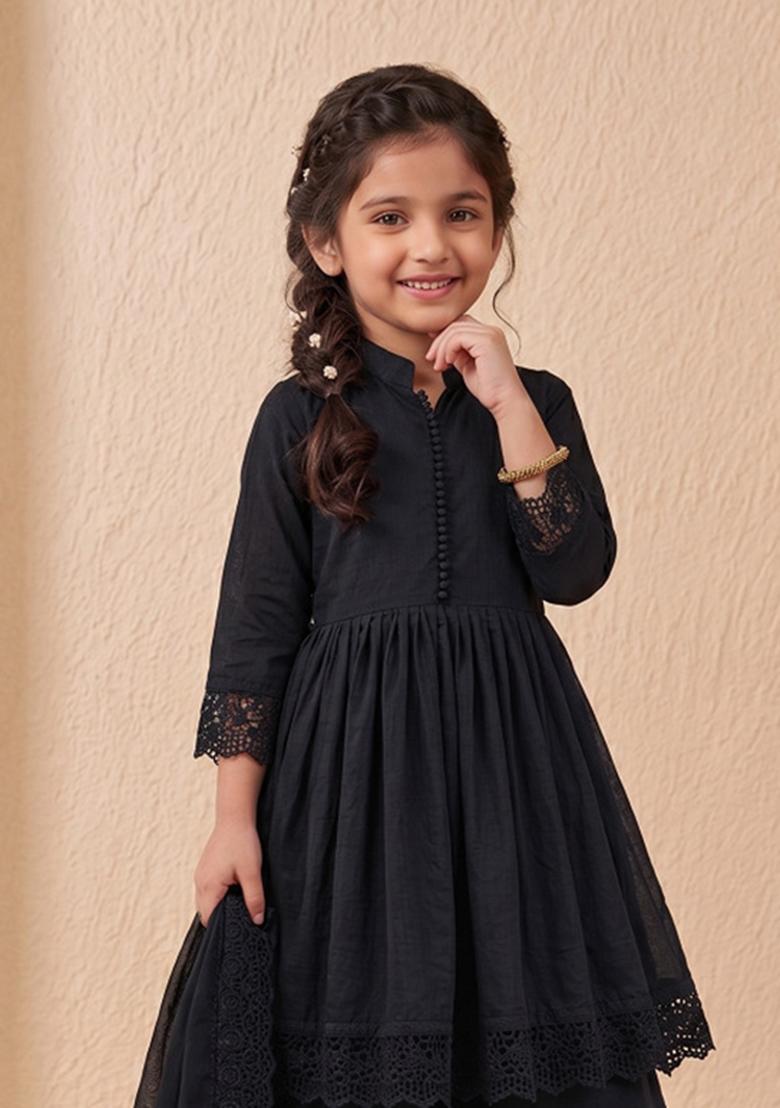 Black Embroidered Silk Palazzo Set For Girls - Indya