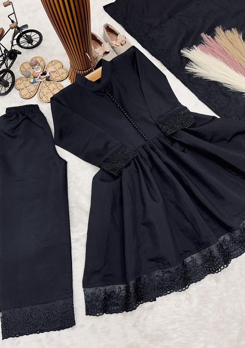 Black Embroidered Silk Palazzo Set For Girls - Indya