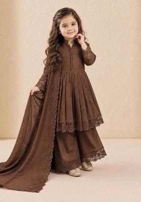 Brown Embroidered Silk Palazzo Set For Girls