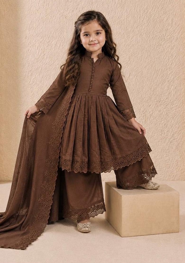Brown Embroidered Silk Palazzo Set For Girls - Indya