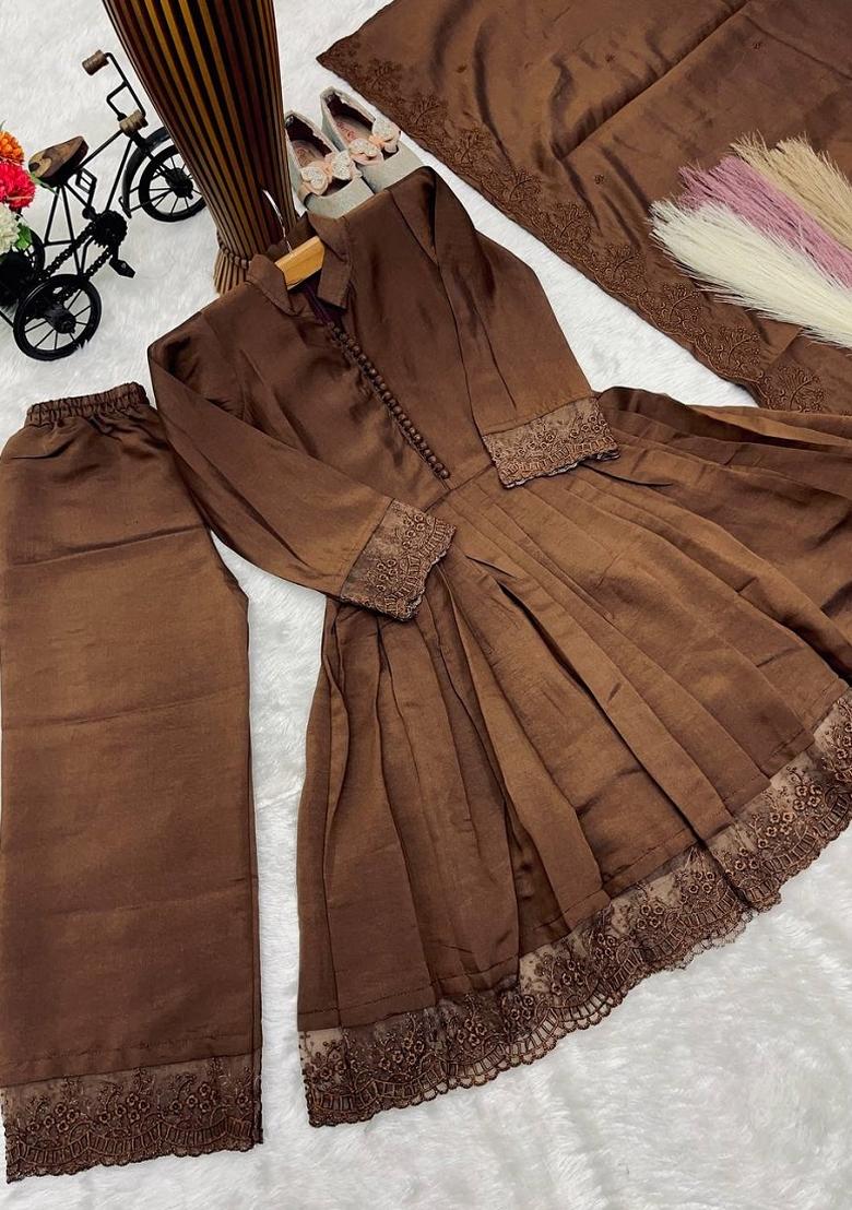 Brown Embroidered Silk Palazzo Set For Girls - Indya