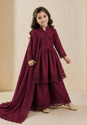 Maroon Embroidered Silk Palazzo Set For Girls