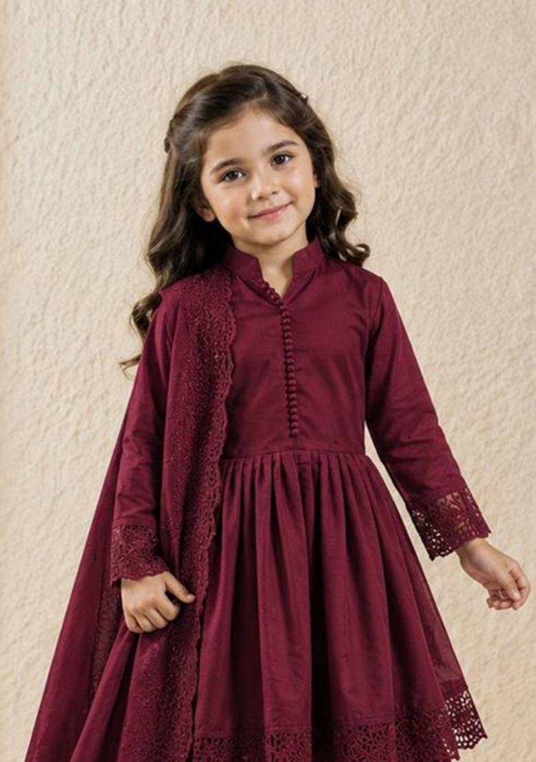 Maroon Embroidered Silk Palazzo Set For Girls - Indya