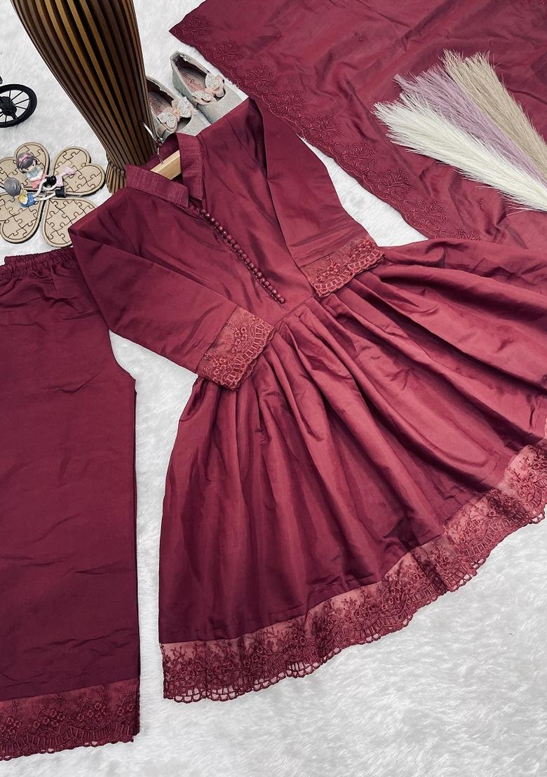 Maroon Embroidered Silk Palazzo Set For Girls - Indya