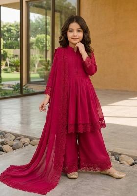 Rani Pink Embroidered Silk Palazzo Set For Girls