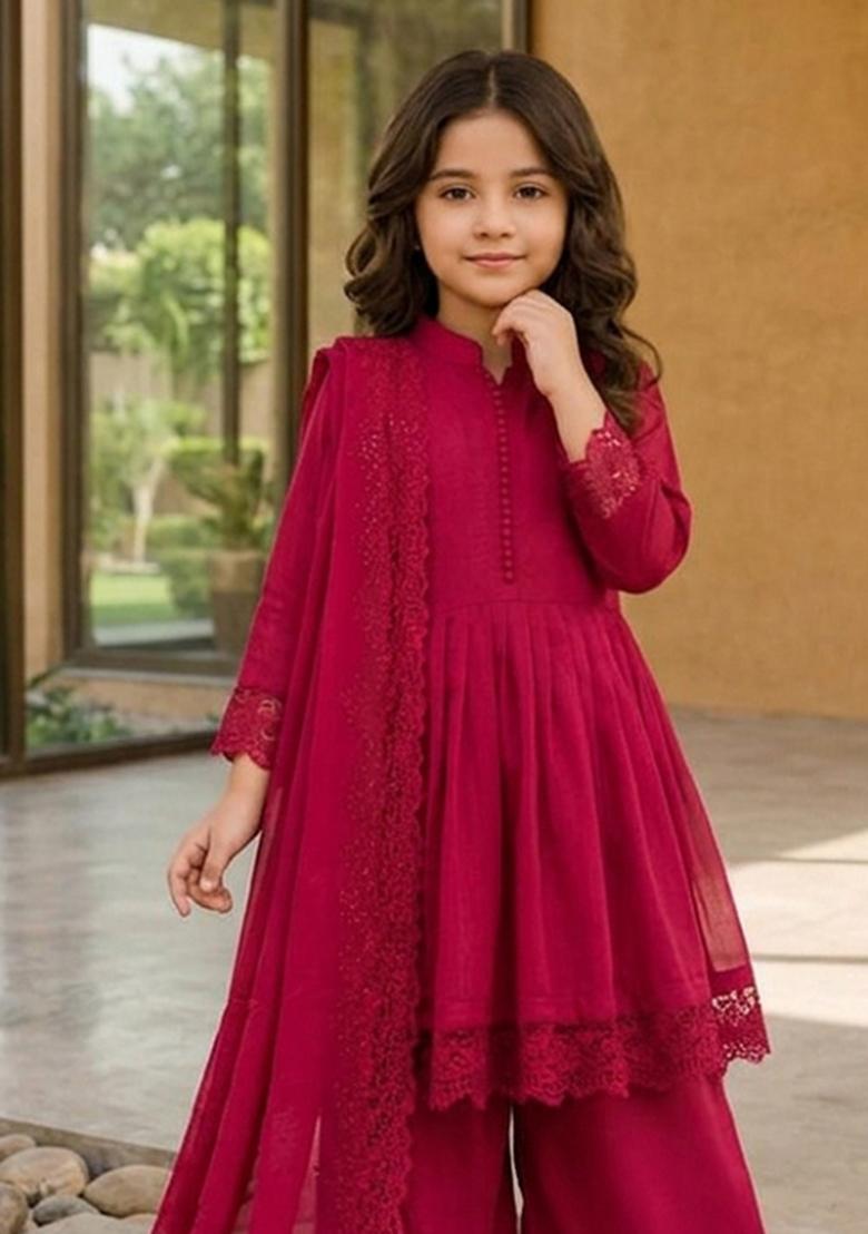 Rani Pink Embroidered Silk Palazzo Set For Girls - Indya
