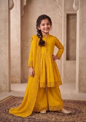 Yellow Embroidered Silk Palazzo Set For Girls