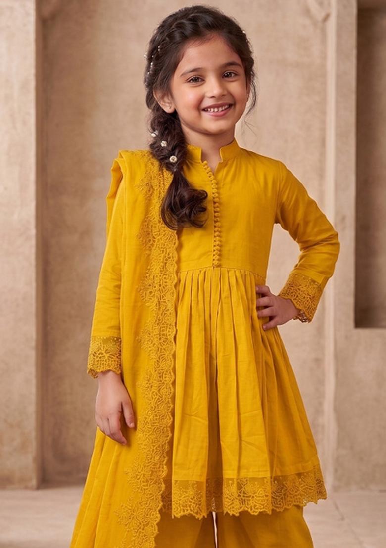 Yellow Embroidered Silk Palazzo Set For Girls - Indya