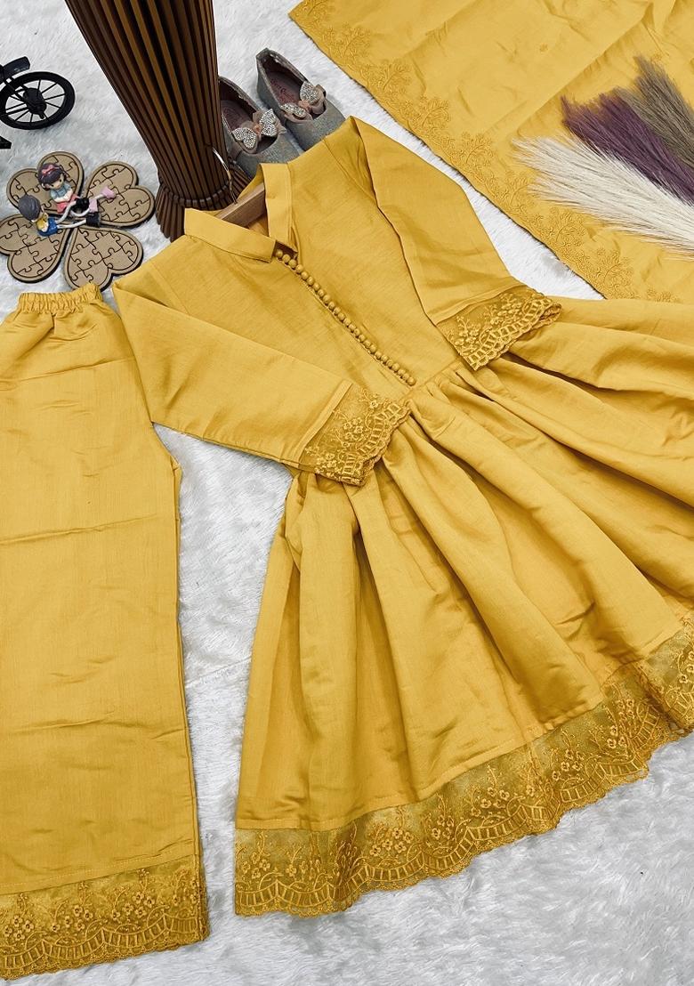 Yellow Embroidered Silk Palazzo Set For Girls - Indya