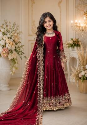 Maroon Sequin Work Silk Gown Set For Girls