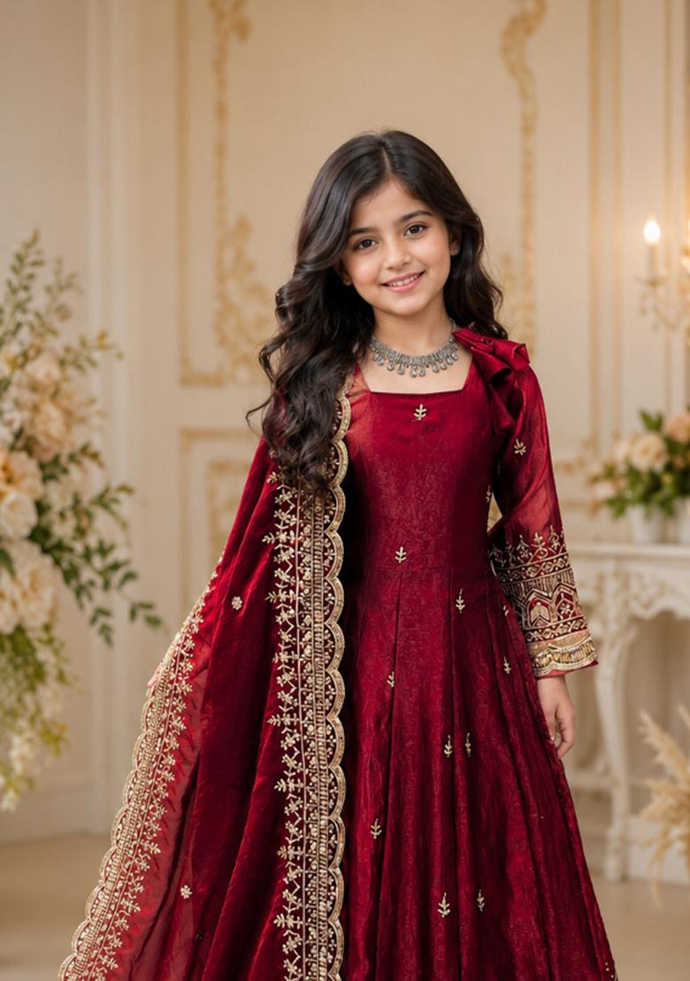 Maroon Sequin Work Silk Gown Set For Girls - Indya
