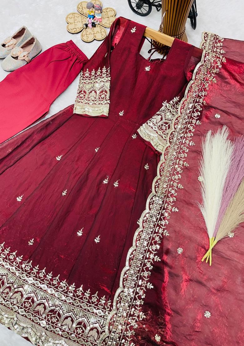 Maroon Sequin Work Silk Gown Set For Girls - Indya