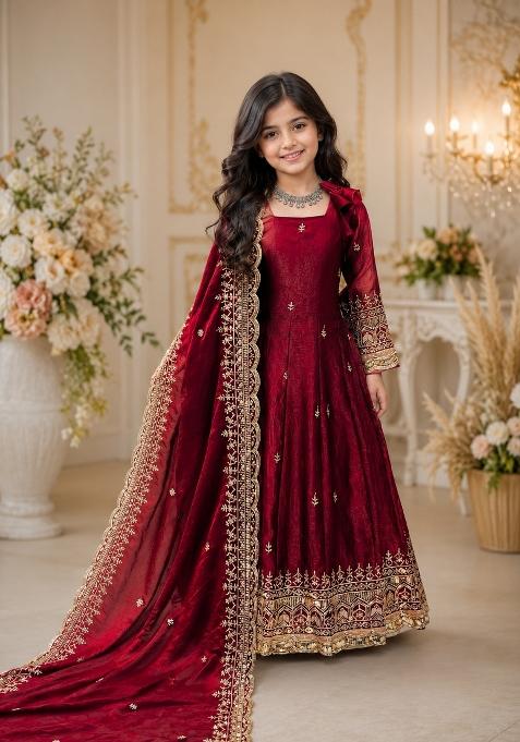 Maroon Sequin Work Silk Gown Set For Girls