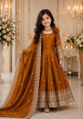 Mustard Sequin Work Silk Gown Set For Girls