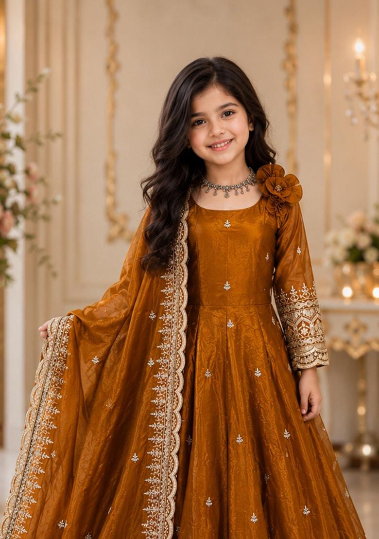 Mustard Sequin Work Silk Gown Set For Girls - Indya