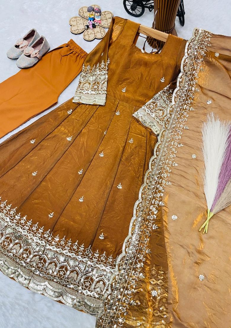 Mustard Sequin Work Silk Gown Set For Girls - Indya