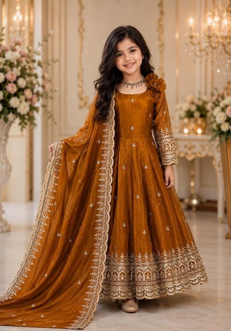 Mustard Sequin Work Silk Gown Set For Girls