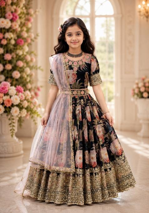 Black Embroidered Georgette Gown Set For Girls