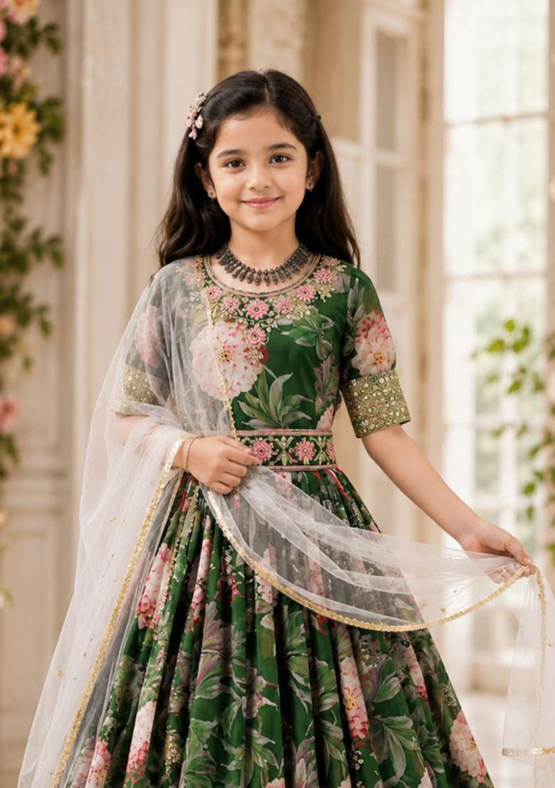 Green Embroidered Georgette Gown Set For Girls - Indya