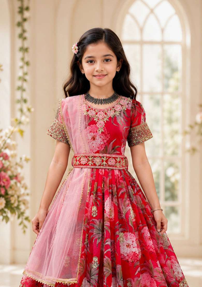 Red Embroidered Georgette Gown Set For Girls - Indya