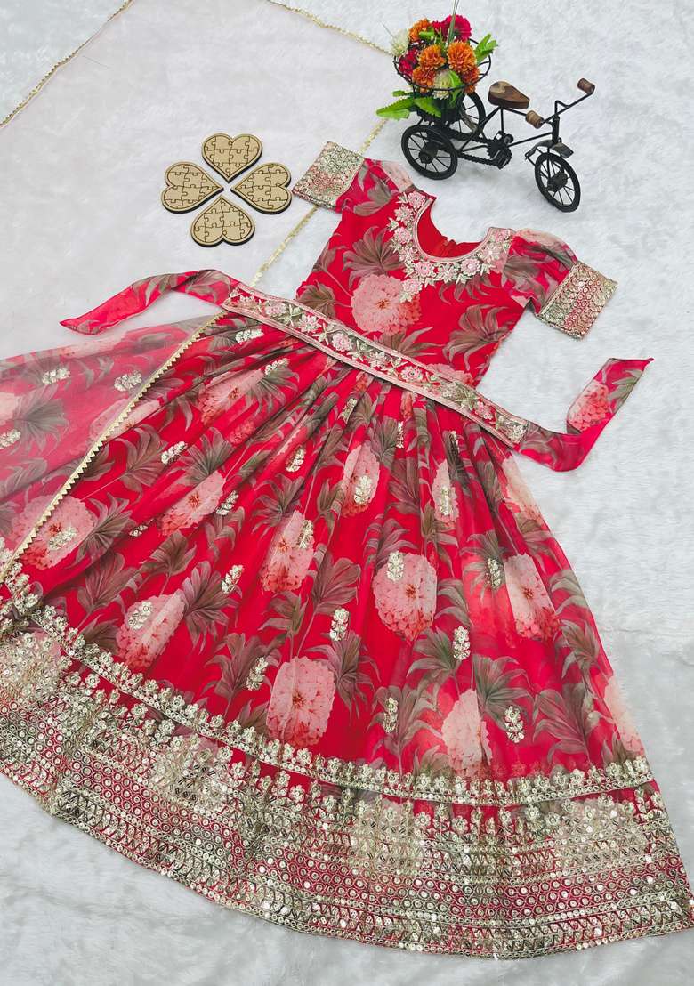 Red Embroidered Georgette Gown Set For Girls - Indya