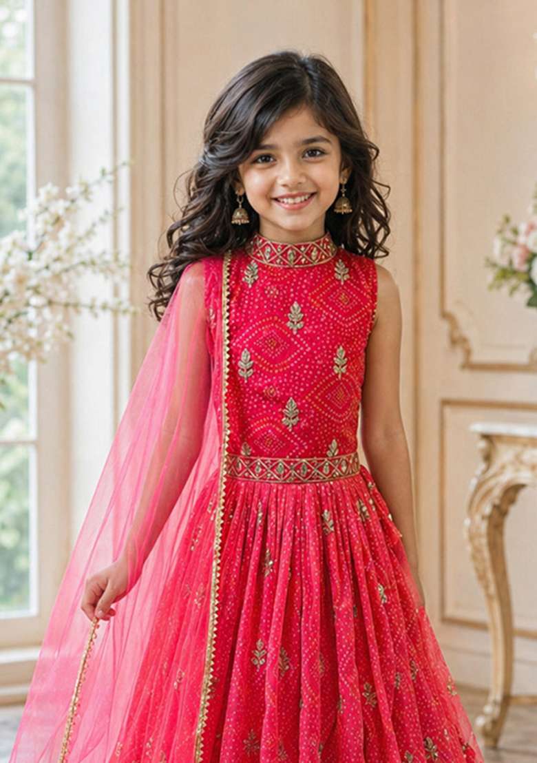 Red Embroidered Georgette Gown Set For Girls - Indya