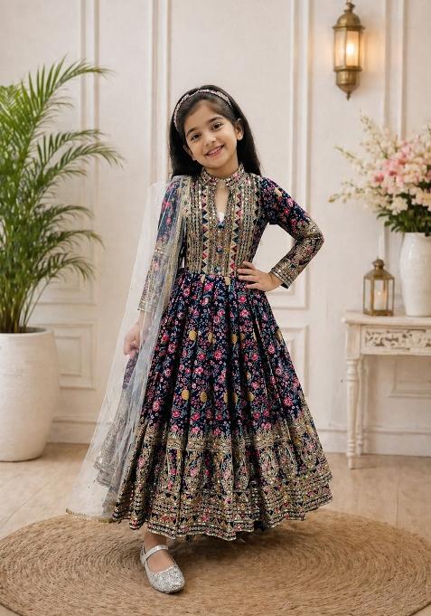 Black Embroidered Silk Gown With Dupatta For Girls