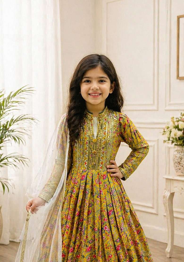 Mustard Embroidered Silk Gown With Dupatta For Girls - Indya