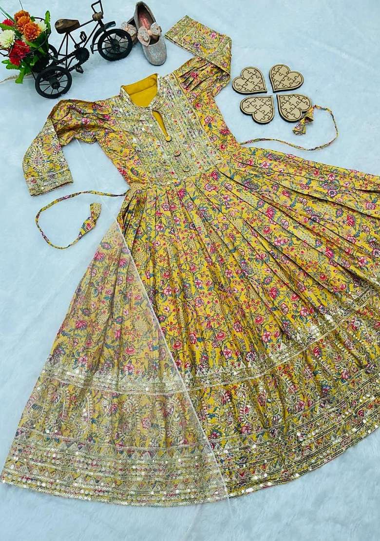 Mustard Embroidered Silk Gown With Dupatta For Girls - Indya