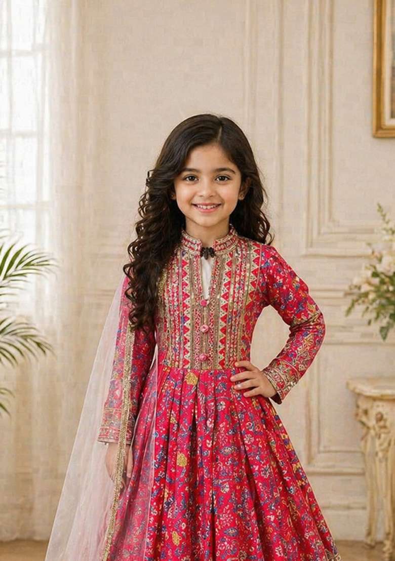 Red Embroidered Silk Gown With Dupatta For Girls - Indya