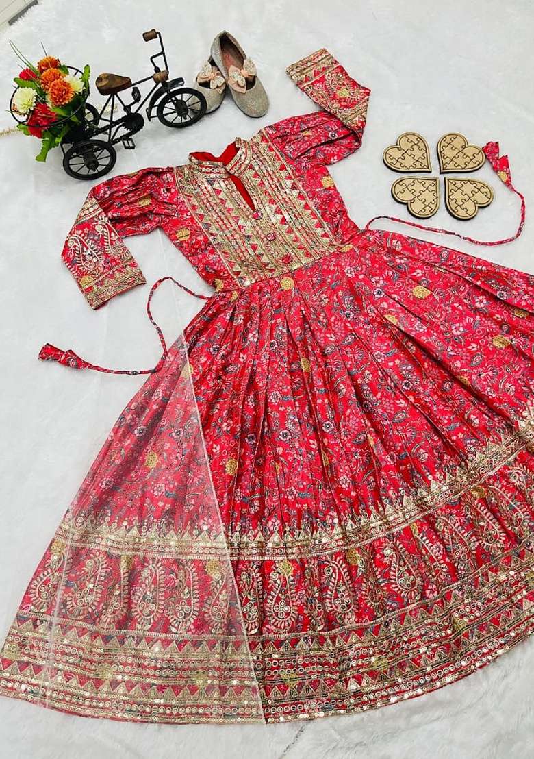 Red Embroidered Silk Gown With Dupatta For Girls - Indya