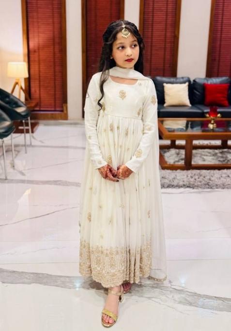 White Embroidered Silk Gown With Dupatta For Girls