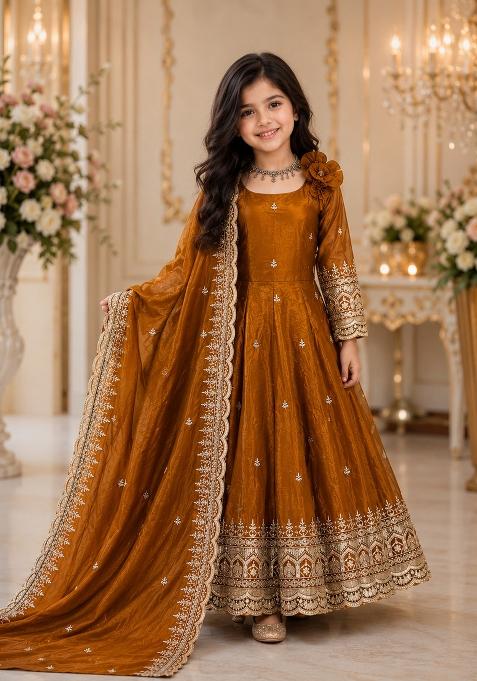 Mustard Embroidered Silk Gown Set For Girls