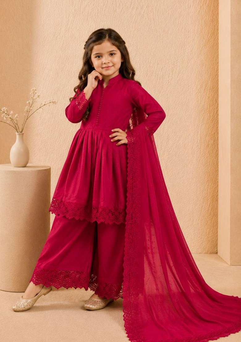 Red Embroidery Silk Gown Set For Girls - Indya